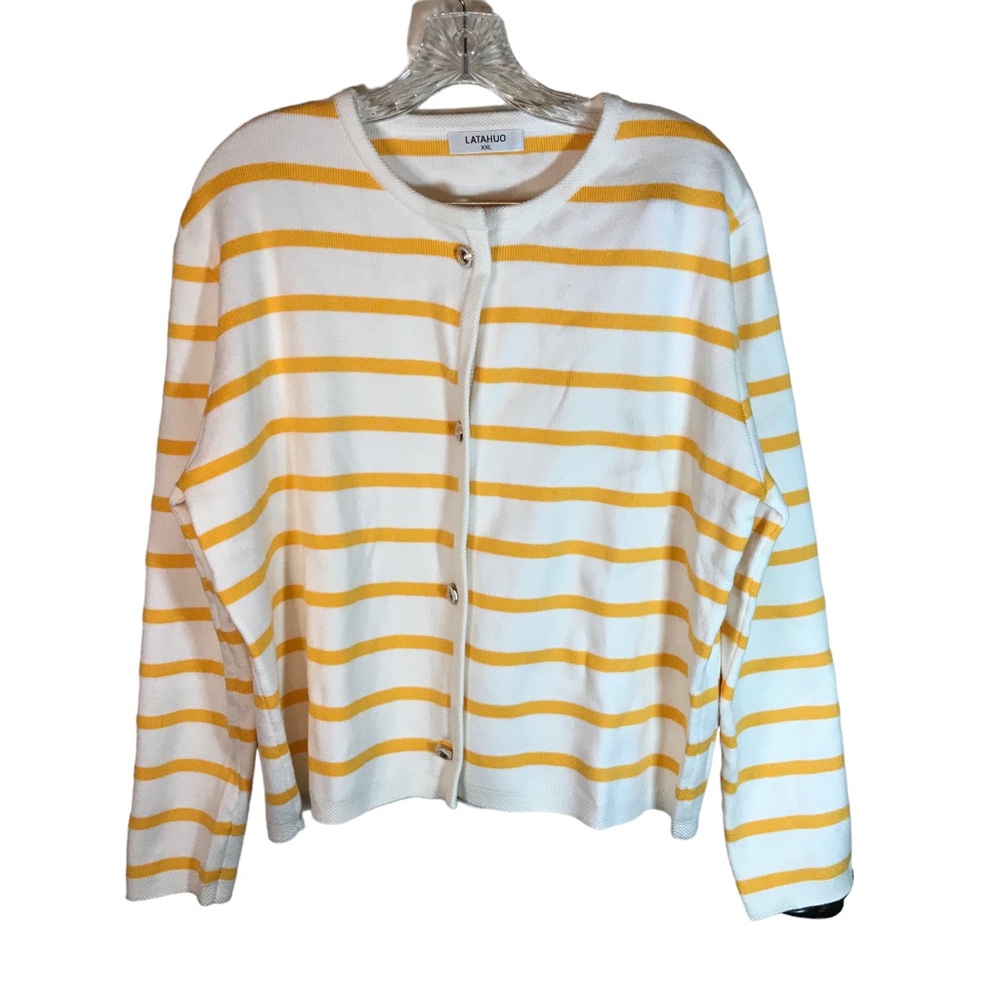 LATAHUO Cardigan Women XXL White Yellow Striped Button Front Cotton Blend